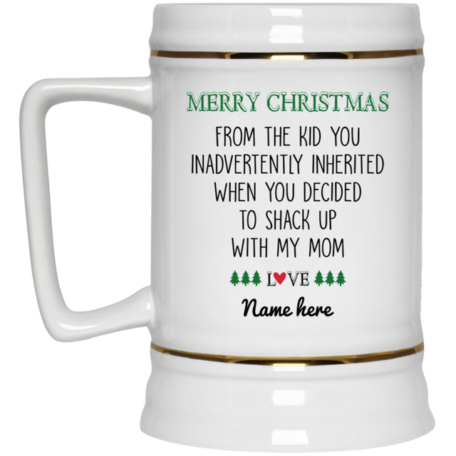 Merry Christmas from Inherited Kid Personalized Beer Stein, Custom Gift for Step Dad, Step Father's Gift